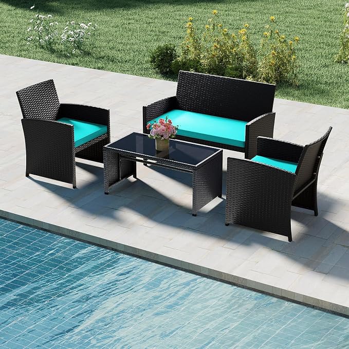 Tangkula 8 Pieces Patio Wicker Furniture Set, Outdoor Heavy Duty Rattan Cushioned Chairs, Loveseat and Tempered Glass Coffee Table, for Backyard, Balcony, Poolside (Turquoised,2)
