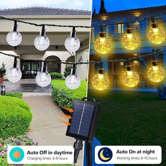 Joomer Warm White Solar String Lights,39FT 60LED Crystal Ball Fairy Light | 8 Modes Waterproof Outdoor Solar Powered Patio Lights for Spring Summer Garden Lawn Gazebo Porch Backyard Tree Decorations