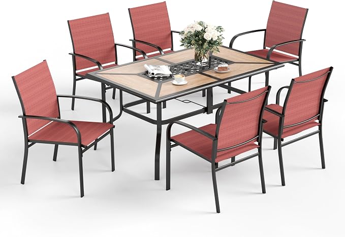 SUNSHINE VALLEY 7 Pcs Patio Dining Set for 6, Rectangular Metal Dining Table (PVC Table Top) with Umbrella Hole and 6 Chairs, Outdoor Dining Set for Lawn Garden Deck, Red