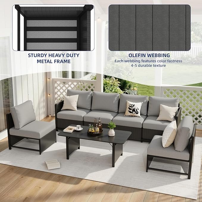 MELLCOM 7 Pieces Patio Furniture Set, Modern Sectional Sofa, All Weather Outdoor Conversation Set with Cushions & Table, Gray