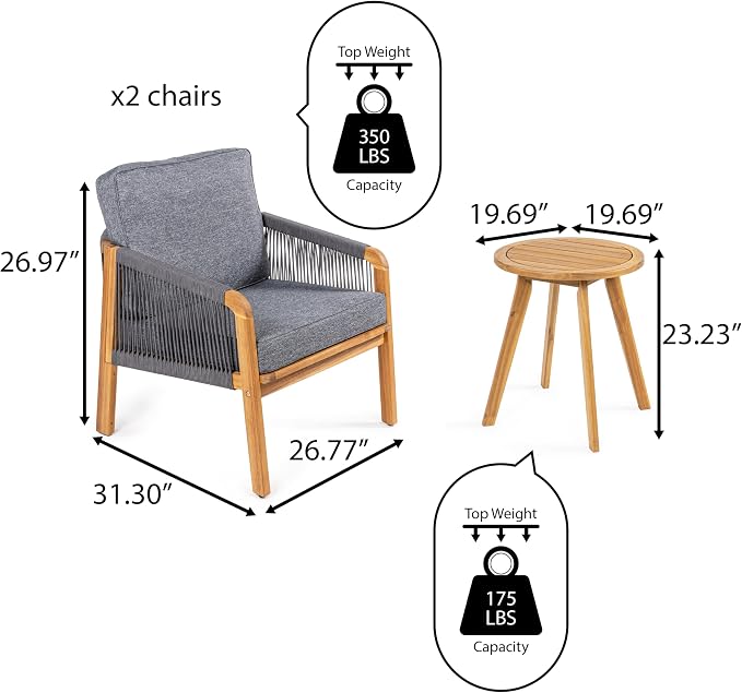JONATHAN Y Aveiro Coastal 3-Piece Acacia Wood Outdoor Patio Conversation Set, Rope Woven Chairs with Cushions and Round Side Table for Backyard, Porch, Garden, Teak Brown/Gray LVG1203B-3SET