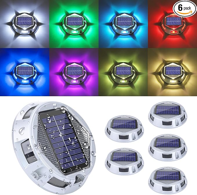 Solar Deck Light Outdoor, 6 Pack 9 Colors in 1 Solar Driveway Dock Lights, IP67 Waterproof Solar Powered Outdoor Light, RGB Step Lights for Outside Garden Yard Fence Stair Sidewalk Pathway Walkway