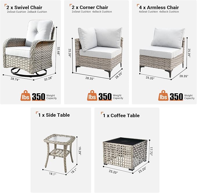 10 Pieces Wicker Patio Furniture Set,Outdoor Sectional Sofa with Swivel Chairs Coffee Table,Outside Deep Seat Rattan Couch Conversation Set,Light Grey