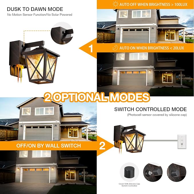 Ehaho Porch Light with GFCI Outlet Aircraft Grade Aluminum Alloy Bronze 1PC | Dusk to Dawn Outdoor Lights Waterproof IP 68 Upgraded 3 Lighting Modes Exterior Light with Plug for Front Door Patio Garage