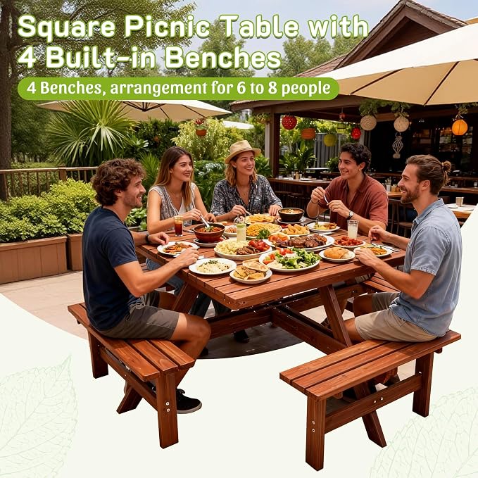 8 Person Picnic Table Square Outdoor Dining Table with Umbrella Hole,4 Built-in Benches,Wooden Outside Picnic Tables and Bench Set for Garden,Patio, Backyard,2220LBS Total Capacity,Brown