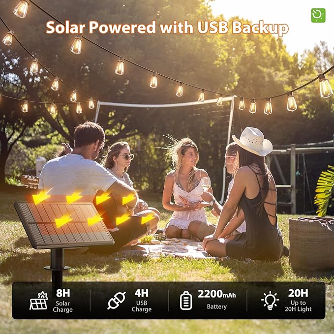 KYY 54FT Solar String Lights Outdoor Waterproof with USB Charging & Remote | Dimmable & Timable, Solar Powered Patio Lights with LED Shatterproof Bulbs for Deck Backyard Porch Garden Camping