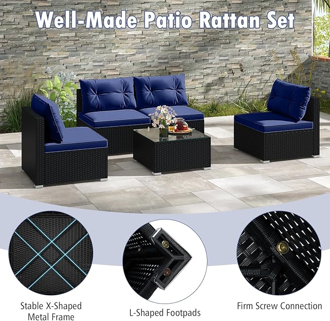 DORTALA 5 Piece Wicker Patio Furniture Set, PE Rattan Outdoor Sectional Conversation Set with Tempered Glass Coffee Table, 4 Chairs for Deck, Backyard, Poolside, Navy