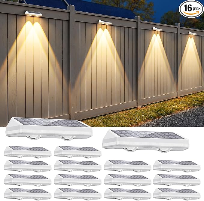Solar Fence Lights Outdoor ,3000/4500/6000K 13 Mode, 16 Pack Fence Lights Solar Powered with Ultra-Bright Lens IP65 Waterproof,Solar Wall Light for Backyard/Step/Patio/Deck/Stair/Railings(White)