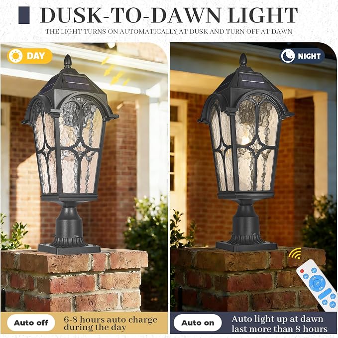 22 Inch Large Solar Post Light Outdoor, Dusk to Dawn Pier Mount Lamp, Sand Black Aluminum with Seeded Water Ripple Glass, Waterproof Solar Pole Light Fixture for Yard Garden Pillar Patio