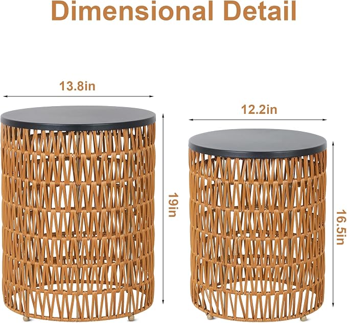 HMVPL Outdoor Side End Table with Dimmable Light Remote Control,2-Pack Small Round Patio Table with Timing Light,Outside Plastic Rattan Accent Bistro Desk for Poolside Backyard Balcony Gazebo Indoor
