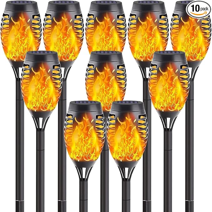 10Pack Solar Torch Lights with Flickering Flame Mini Solar Flame Lights | Solar Lights Outdoor for Halloween Decorations, Waterproof Solar Tiki Torches Outdoor for Garden Yard Pathway Patio