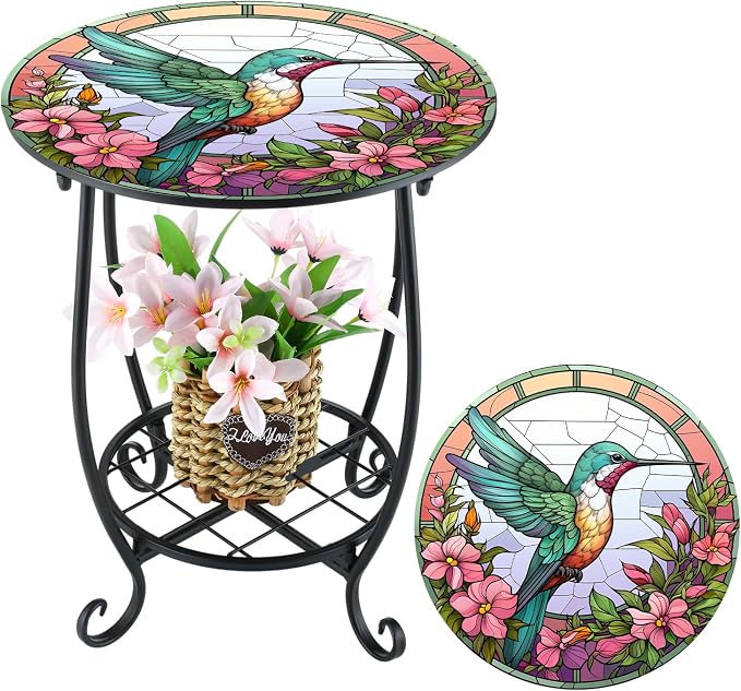 Cinnvoice Outdoor Side Table Round Small Mosaic Patio Accent Indoor End Plant Coffee Tea Table for Yard Patio Porch Garden Living Room, Bedroom(Hummingbird Style,12 Inch)