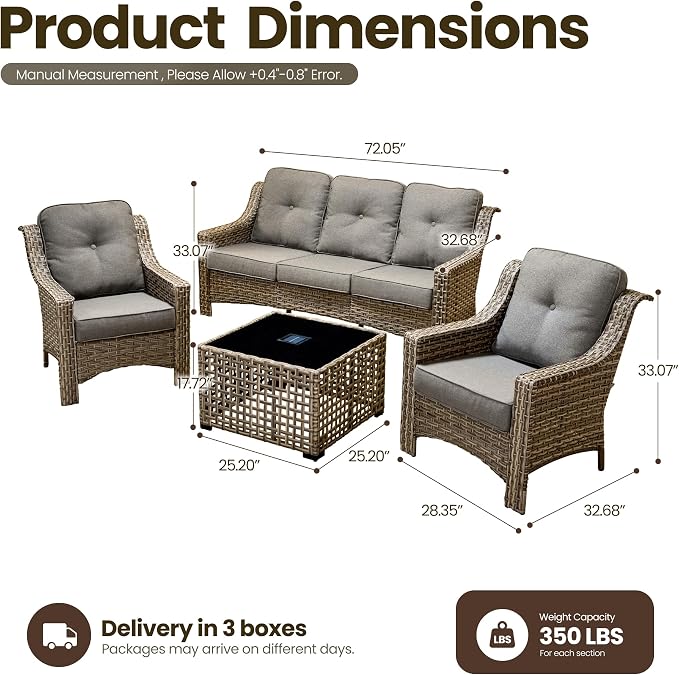 4 Piece Patio Furniture Set with Solar Light Coffee Table, Heavy Duty Wicker High Back Sofa Chairs with Thick Cushion, Small Outdoor Conversation Sets for Backyard Garden Porch, Dark Gray