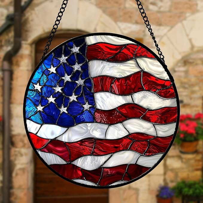 DASTOLL Stained Glass Window Hanging, Blue, White Red National Flag Pattern Sun Catchers Diamond Glass Panel Window Hangings Decor for Birthday Gifts for Women, Men, and Mom 11.8x11.8 in