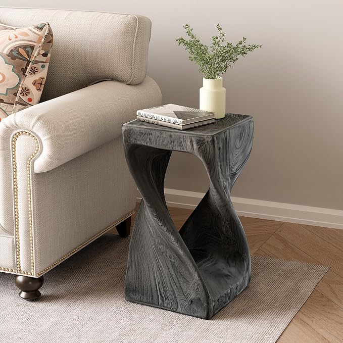 HOMPUS Outdoor Side Table w Twisty Shape, Concrete Accent End Table, Faux Wooden Patio Side Table Lightweight MgO, Modern Vintage Plant Stand Garden Tool for Indoor Outdoor Use, Color Grey