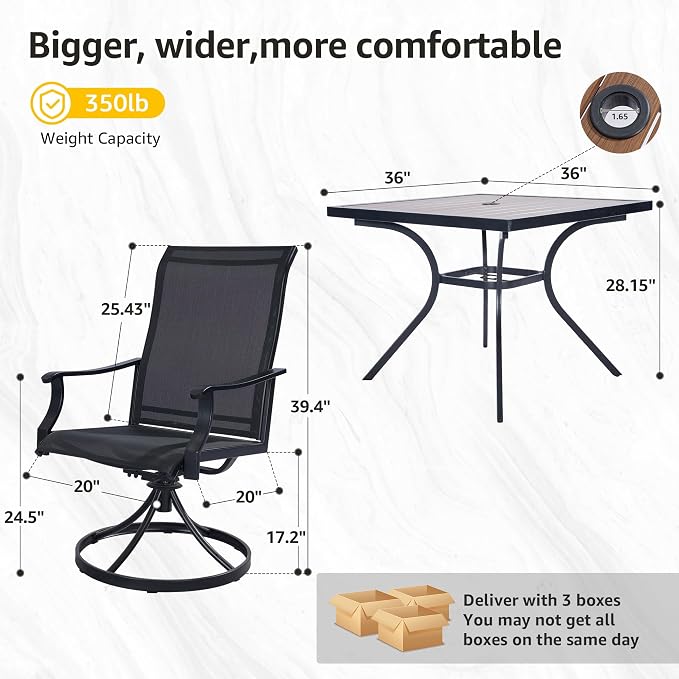 NATURAL EXPRESSIONS Patio Table and Chairs Set for 4,5 Piece HDPS Outdoor Dining Set with 4 Swivel Dining Chairs,Textilene Mesh Fabric,36" Fauxwood Patio Dining Table with Umbrella Hole for Garden
