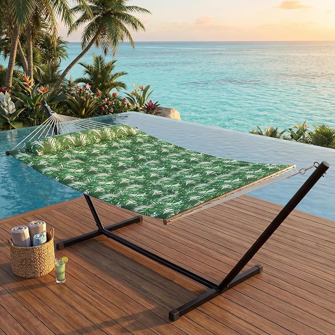 Portable Double Hammock with Stand, 2 Person Quilted Padded Hammock with Pillow, Adjustable Heavy-Duty Steel Hammock Stand, Foldable Outdoor Hammock for Patio Garden Backyard Beach Camping, Green
