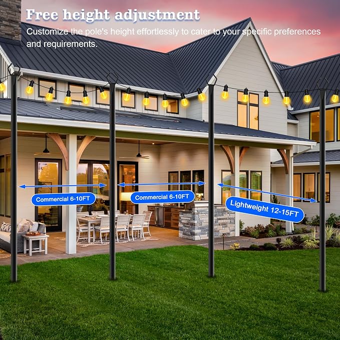 SINLEY 6 Pack String Light Poles,10 Ft Metal Poles with Fork for Outdoor String Lights,Outdoor Light Poles with Fork,Poles/Post/Stand for Outside,Patio,Deck,Backyard,Garden Wedding,Party
