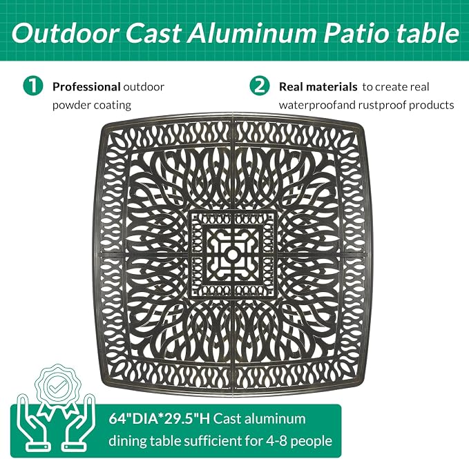 VIVIJASON 64" Patio Dining Table for 8, Large Square Cast Aluminum Dining Table with 2.2" Umbrella Hole, Weather-Resistant Patio Dining Table for Deck Garden Backyards, Dark Bronze