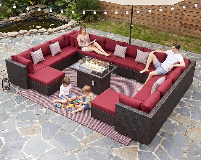 BULEXYARD 15 Piece Highback Wicker Patio Furniture Sets with Firepit, All-Weather Heavy Duty Outdoor Conversation Set Modular, Extra Deep Wide 14-Seats Sectional Couch Sofa for Backyard, Brown & Red