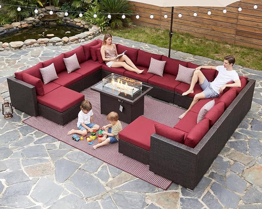 BULEXYARD 15 Piece Highback Wicker Patio Furniture Sets with Firepit, All-Weather Heavy Duty Outdoor Conversation Set Modular, Extra Deep Wide 14-Seats Sectional Couch Sofa for Backyard, Brown & Red