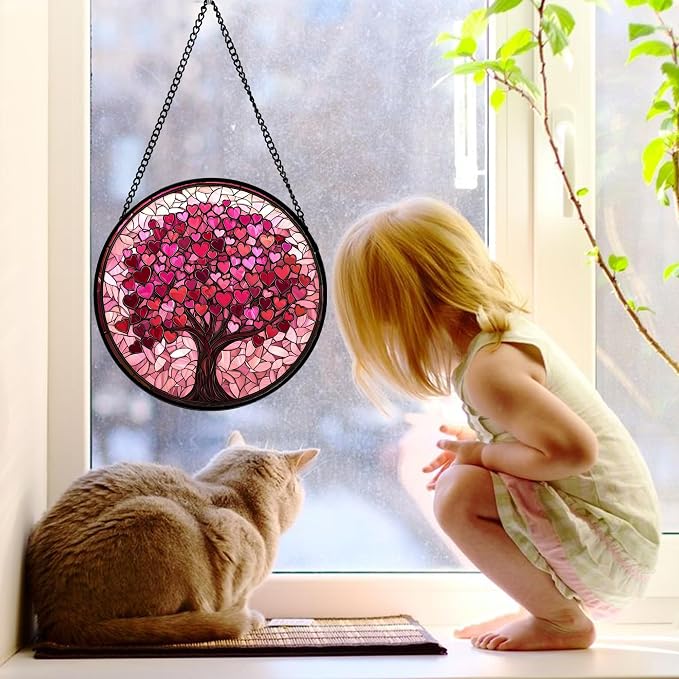 Stained Glass Window Hanging, Birthday Gifts for Women Mom Grandma Nana Wife Couple, Pink Love Tree Suncatcher for Doors Window Home Sun Catchers Gifts Decor 11.8 in