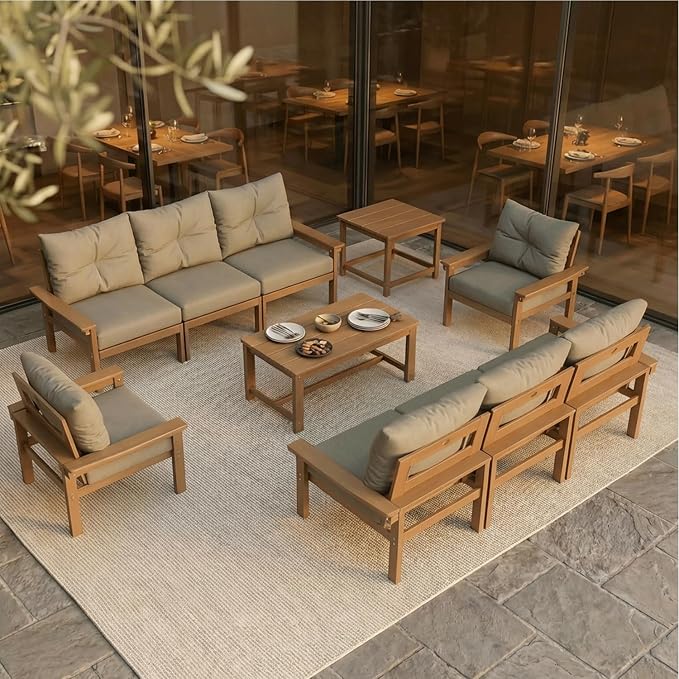 HDPE Outdoor Patio Furniture Set, 6-Piece Patio Conversation Sets with Coffee Table & Side Table & Grey Washable Thick Cushions, Outdoor Sofa for Balcony, Porch, Poolside (Teak Frame)