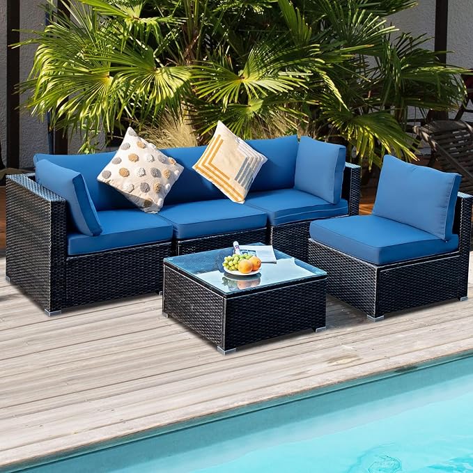 HAPPYGRILL 5 Pieces Patio Furniture Set Outdoor Rattan Wicker Sofa Set with Coffee Table Sectional Sofa Conversation Set with Pillows Cushions for Backyard Porch Garden Poolside