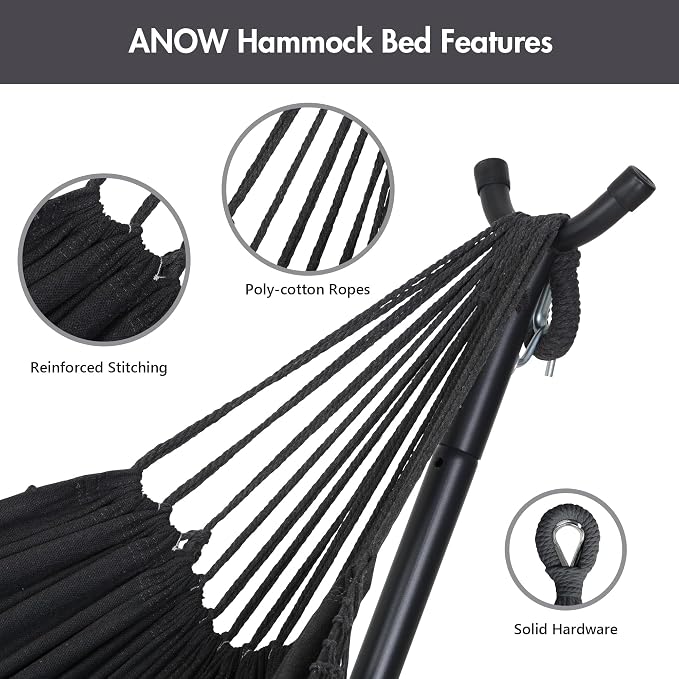 ANOW Double Space Saving Hammock with Stand, Dark Gray with Tassels | Height Adjustable, Portable, Heavy-Duty Steel Stand, Indoor Outdoor Use, 475 Lbs Capacity