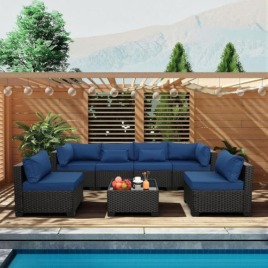 Valita 7 Pieces Outdoor Wicker Furniture Conversation Set Patio Sectional Sofa Set Glass Table with Non-Slip Cushions Furniture Cover, Navy Blue
