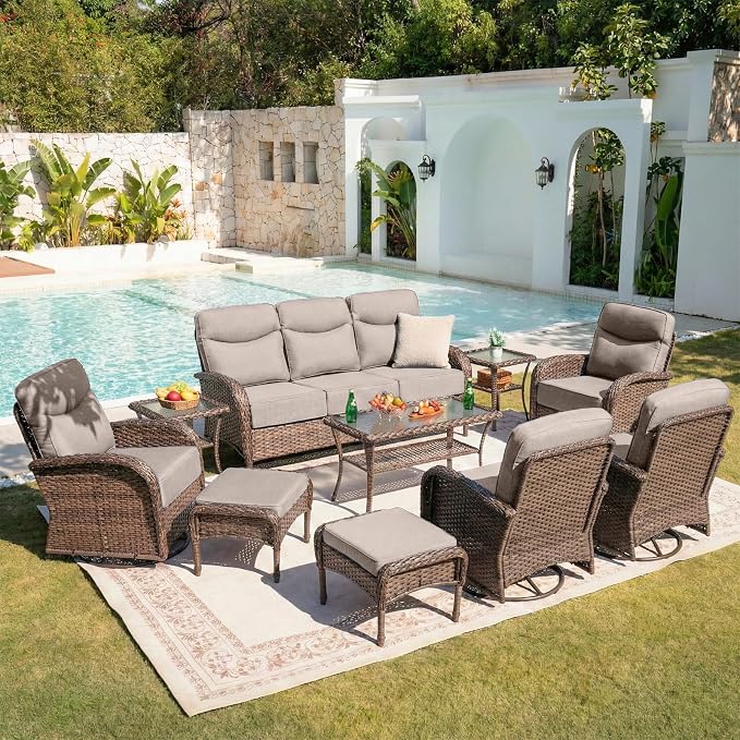Belord Upgraded 6“ Cushion Luxury 10 Piece Patio Furniture Set - All Weather Wicker Outdoor Furniture with Swivel Rocker Patio Chairs, High Back Conversation Set for Deck Porch Yard - Brown/Beige
