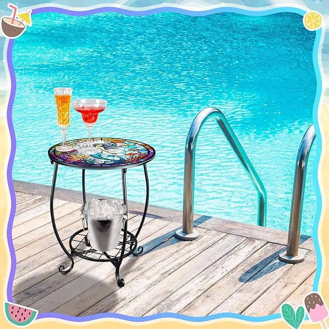 Cinnvoice Outdoor Side Table Round Small Mosaic Patio Accent Indoor End Plant Coffee Tea Table for Yard Patio Porch Garden Living Room, Bedroom(Mermaid Style,14 Inch)