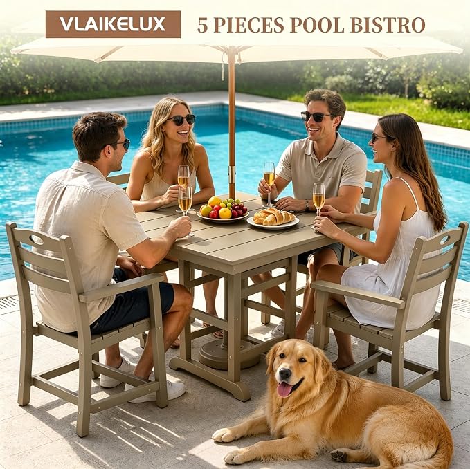 Outdoor Patio Dining Square Table and Armchair 5 Piece Set, Brown | HDPE Material, 1.77" Umbrella Hole, All-Weather, Patio Furniture, Table and 4 Chairs, For Backyard, Deck, Garden