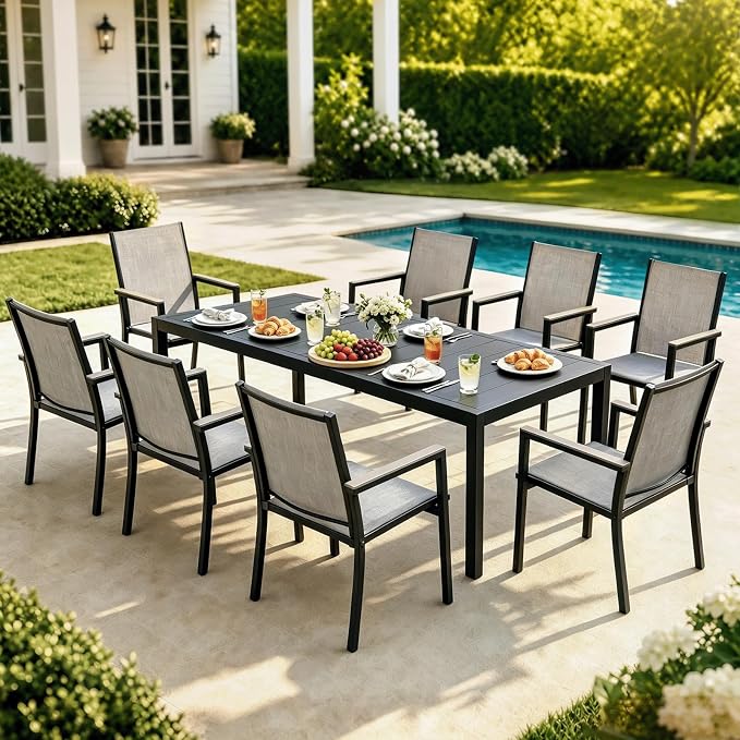 MEOOEM Expandable Outdoor Dining Set for 8, Extendable 9 Piece Outdoor Dining Table Set 450LBS Heavy Duty, Comfortable Highback Wide Deep Seat 8 Person Patio Dining Set for Outside, Backyard, Grey