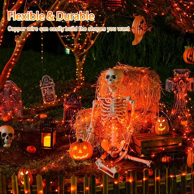 JMEXSUSS 4 Pack Solar Halloween Lights, 33FT 100 LED Orange Fairy Lights | Outdoor Waterproof, 8 Modes Copper Wire Solar String Lights for Outside Garden Yard Patio Tree Halloween Decoratios