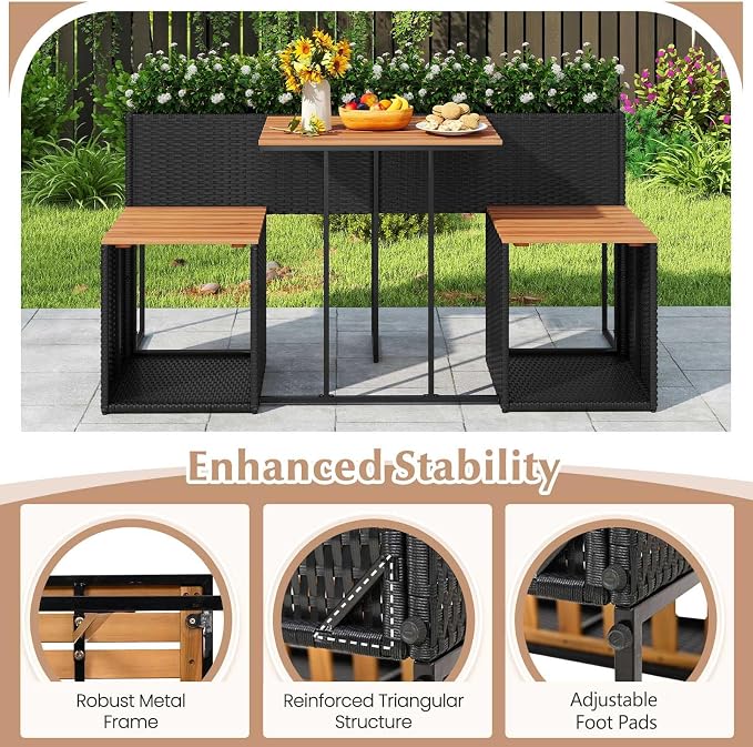 RELAX4LIFE Patio Furniture Set with Raised Garden Bed, Wicker Rattan Elevated Planter Table w/2 Chairs, Slatted Acacia Wood Top & Bottom Storage, Outdoor Conversation Set w/Planter Box for Herb Flower