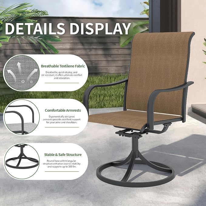 Anmutig 7-Piece Outdoor Patio Dining Set with 6 Swivel Chairs, Outdoor Furniture Steel Frame Slat Rectangular Table with 1.57" Umbrella Hole for Backyard, Brown