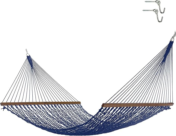 Nags Head Hammocks Admiral Navy DuraCord Rope Hammock – 13 ft. x 60 in., 2-Person, 450 lb Capacity, Cumaru Spreader Bar, Free Chains & Tree Hooks, Handcrafted in The USA