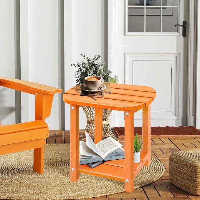 LZRS Patio End Table, Heavy Duty HDPE Outdoor Coffee Table with Wood Texture, Weatherproof Composite Table for Adirondack Chairs, Deck, Pool, Indoor/Outdoor, No Peeling Cracking(Orange)