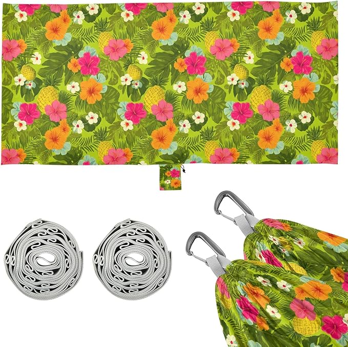 Camping Hammock Outdoor Hammocks for Outside Hibiscus Pineapple Green Beach Trees Portable Lightweight with Pockets Tree Straps Indoor