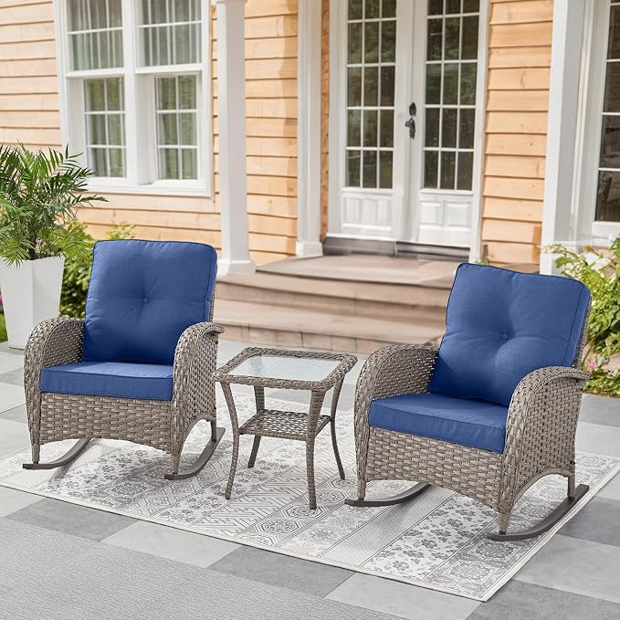Belord Patio Rocking Chairs Wicker Set - Outdoor Rocking Chairs Set of 2 with Side Table, 3 Piece Patio Rocker Furniture Set with Water-Resistant Cushions for Porch Balcony Backyard