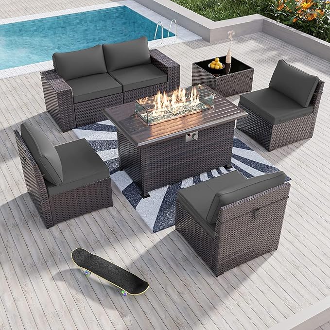 Kullavik 7 Pieces Outdoor Patio Furniture Set with 43" 55000BTU Gas Propane Fire Pit Table PE Wicker Rattan Sectional Sofa Patio Conversation Sets,Grey