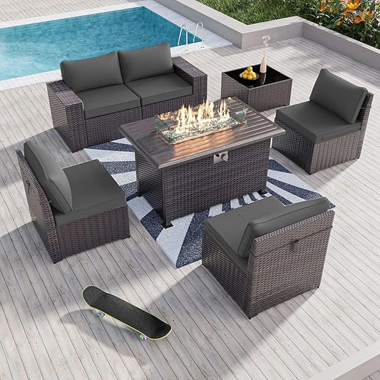 Kullavik 7 Pieces Outdoor Patio Furniture Set with 43" 55000BTU Gas Propane Fire Pit Table PE Wicker Rattan Sectional Sofa Patio Conversation Sets,Grey