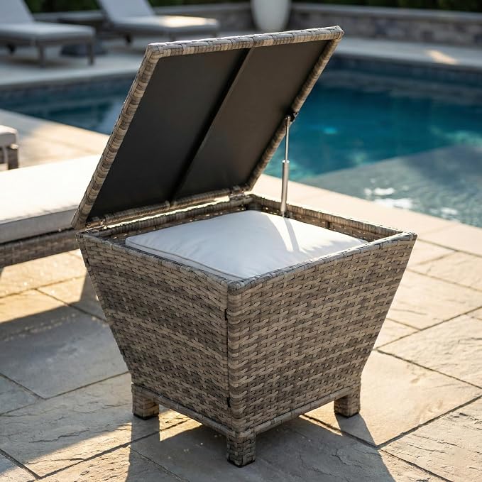 Outdoor PE Wicker Side Table with Storage, 13 Gallon Patio Storage Bin Container with Air Spring Lid, All-Weather Handwoven Rattan Coffee Table for Deck, Poolside & Garden, Grey (Gray)