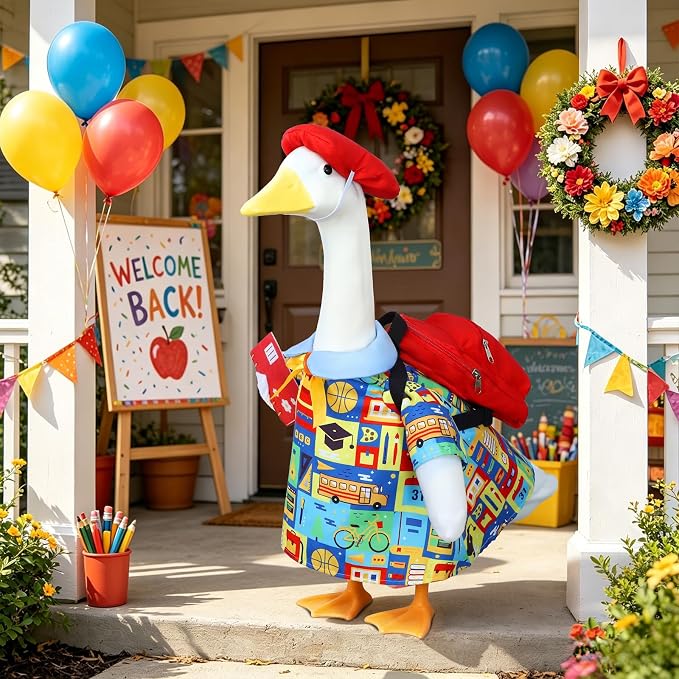 Back to School Porch Goose Outfit with Schoolbag for 23" Porch Goose Statue | Porch Goose Back to School Outfit with Notebook, Classroom Goose for First Day of School, Outdoor, Garden, Yard, Patio Decor