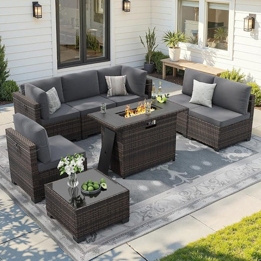 Soohow 8 Piece Patio Furniture Set with 44" Fire Pit Table, Outdoor Sectional Wicker Rattan Conversation Set for Garden, Porch, Backyard - Grey Cushions