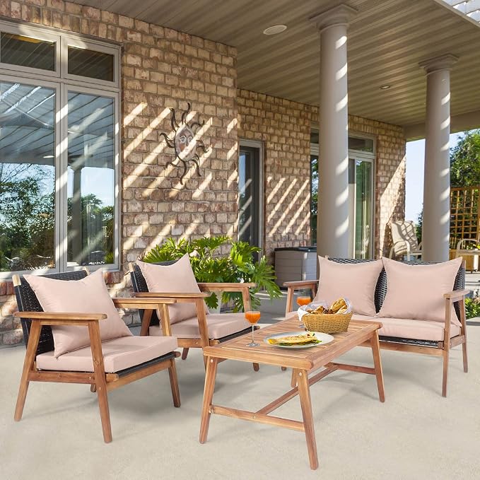 Tangkula 8-Piece Patio Furniture Set, Outdoor Acacia Wood Conversation Set with Cushions and Coffee Table, Outdoor PE Wicker Sectional Sofa Set for Garden, Poolside and Backyard (2, Beige)