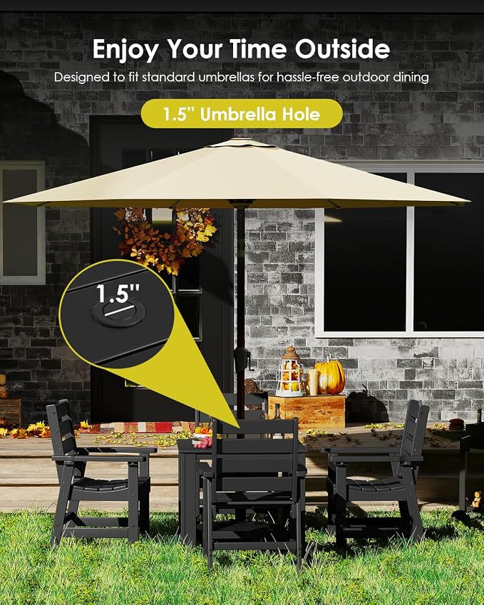 GREENVINES 5-Piece-Outdoor-Dining-Set | HDPE | Square | Patio Furniture | Table and Chairs Sets for 4 | All Weather | Umbrella Hole | for Backyard Poolside Garden | QuadraLuxe | Black