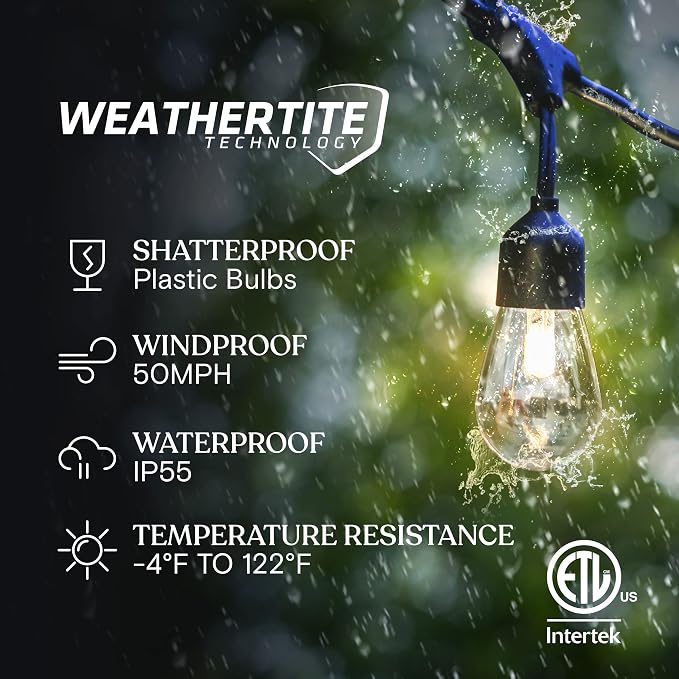 Brightech Ambience Pro - 48 Ft Waterproof, Solar Power Outdoor String Lights - 1W LED Hanging Edison Bulbs Create Bistro Ambience in Your Yard - Commercial Grade, Shatterproof - 15 Lights, Soft White