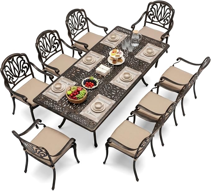 9-Piece Cast Aluminum Outdoor Dining Set Retro Patio Dining Set for 8 Includes 86.6’’ Rectangular Table and 8 Chairs with Removable Cushion and Umbrella Hole for Patio Deck Garden Porch